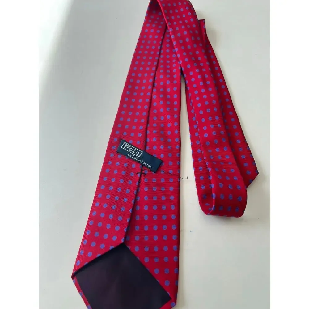 Vintage Polo Silk Men's Neck Tie Wide Red with Blue Polka Dots SG